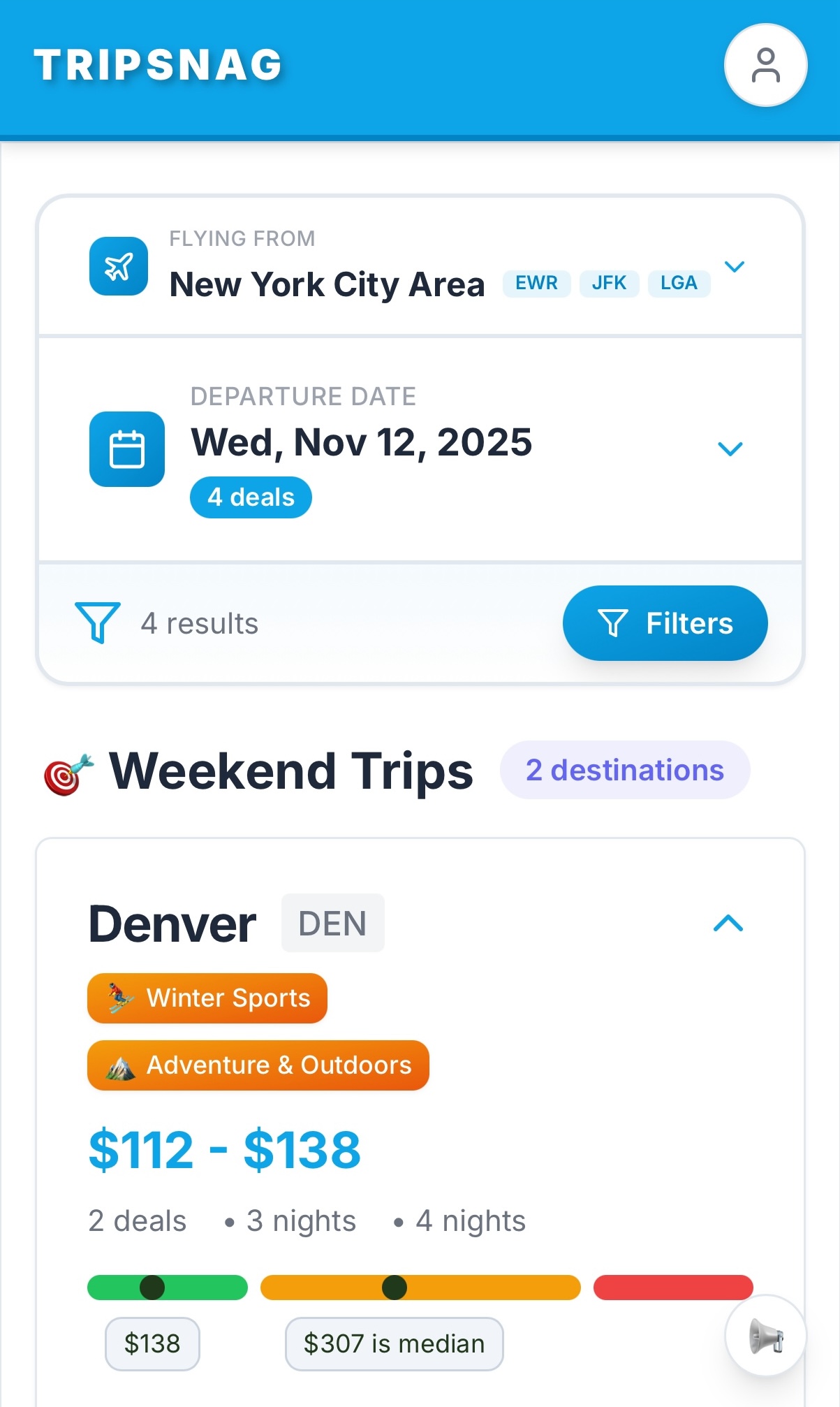 Example TripSnag weekend results